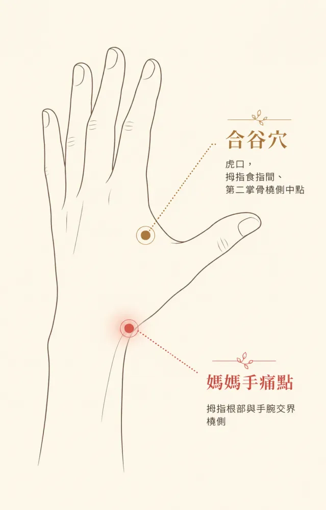 媽媽手穴位圖：合谷穴與媽媽手痛點位置示意