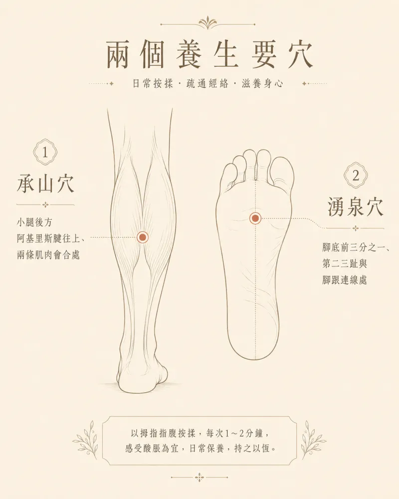 腿部水腫穴位圖：承山穴與湧泉穴位置示意